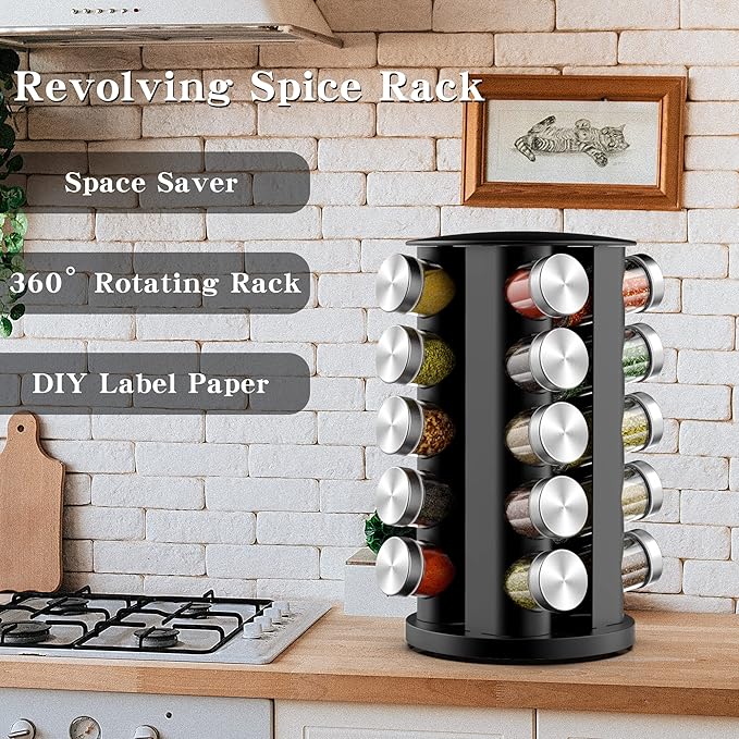 Rotating Spice Rack Organizer for Cabinet, Spice Racks Storage with 20 Jars, Spinning Spice rack for Kitchen Countertop, Spice Holder,Seasoing Storage Racks, Silver