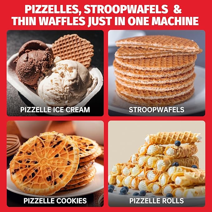 Mini Pizzelle Maker Machine with a 3'' Cutter, Mini Stroopwafel Iron, Bake 2 x 4'' Pizzelles or 3'' Stroopwafels, Excellent for Holiday, Party, Dessert Treat Making & More