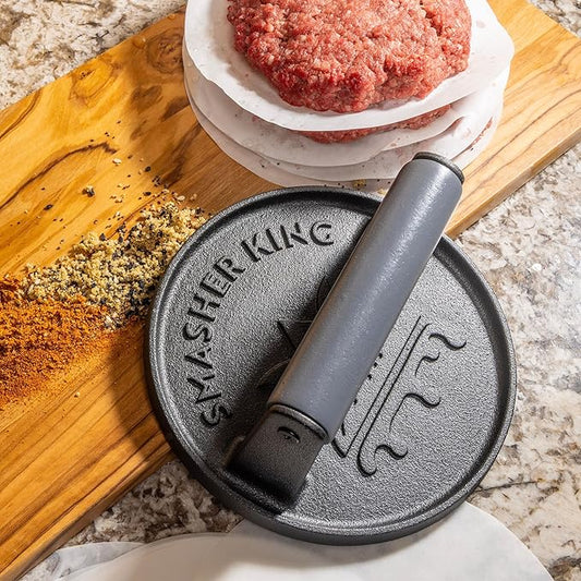 SMASHER KING™ - Smash Burger Press - Cast Iron Burger Smasher And Hamburger Patty Maker - Smash Burger Kit With 25 Sheets Of Paper - Grill Press And Steak Weight For Heavy Meat Smasher Cooking Results