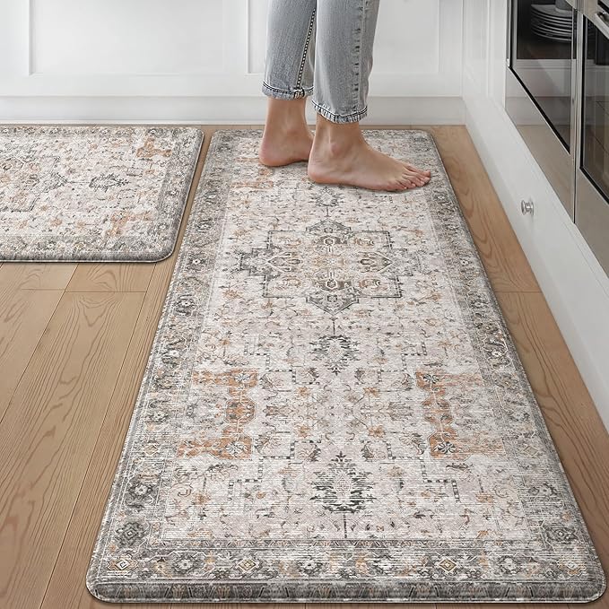 GENIMO Kitchen Mats for Floor 2PCs, Washable Anti Fatigue Mat for Cushioned, 20"x48"+20"x32", Waterproof Kitchen Rugs, Non Slip Comfort Standing Mat Rug for Home, Sink, Laundry, LightTaupeBrown