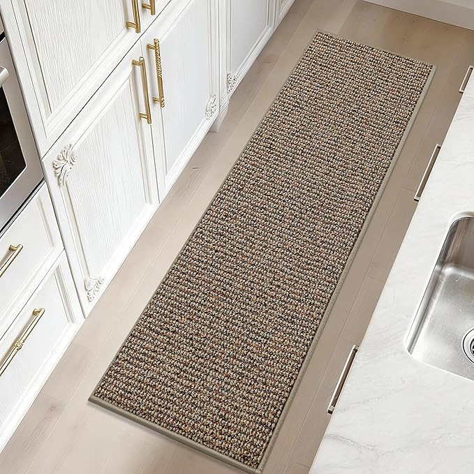 JSEI Kitchen Rugs and Mats, 2PCS Non-Slip Kitchen Mats for Floor, Machine Washable Absorbent and Stain Resistant Kitchen Runner, Carpet Mats with TPR Backing for, 17''x30''+17''x48'', Taupe