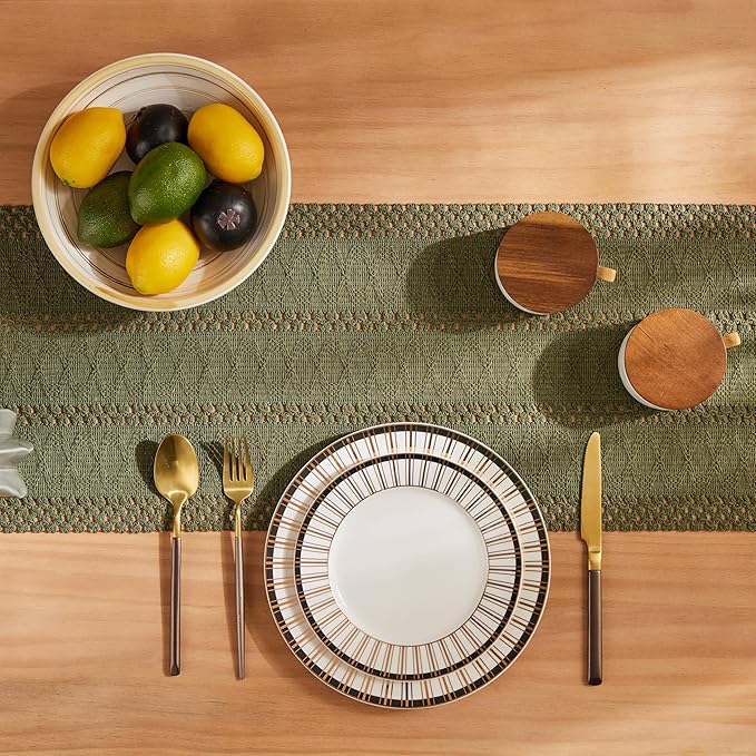 ZeeMart Macrame Style Boho Table Runner, Moss Green Table Runners 108 Inches Long, Farmhouse Woven Home Decor, 12x108 Inch, Moss