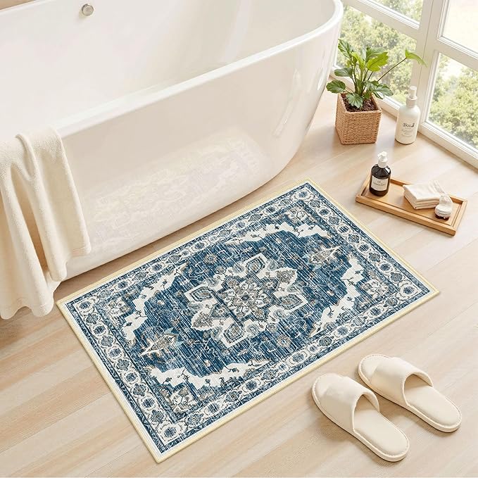 Tritard Non Slip Kitchen Rugs Sets of 3 Washable Kitchen Rug Boho Kitchen Mats for Floor Soft Kitchen Runner Rug Non Skid Kitchen Floor Carpet for Entryway Hallway Laundry Room, Blue