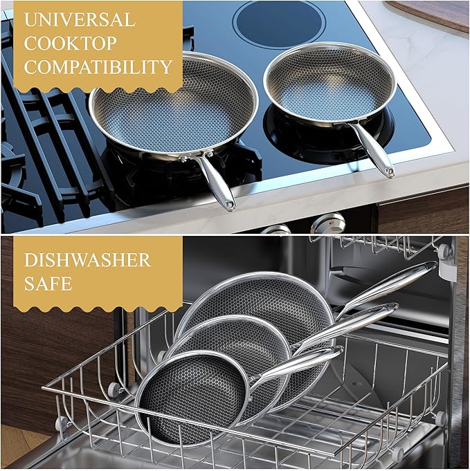 Bielmeier 8, 10, 12 Inch Nonstick Frying Pan，3-Piece Set Stainless Steel Flat Bottom Frying Pan for Gas, Electric & Induction Cooktops, Dishwasher Safe