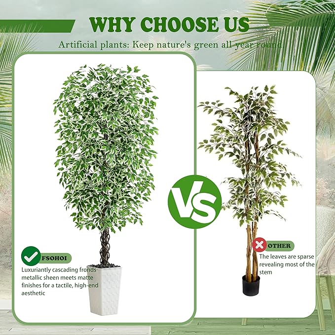 Artificial Ficus Tree Indoor 7FT Fake Plants Large Artificial Plant with Crack White Tall Planter, Green Lifelike Lush Fake Ficus Tree for Home Living Room Bedroom Outdoor Balcony House Office Decor