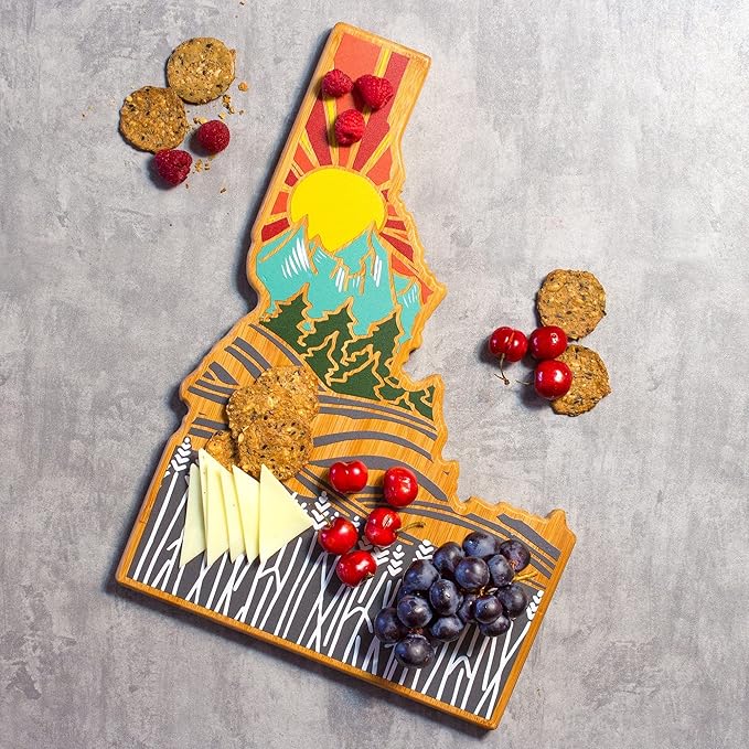 Totally Bamboo Idaho State Shaped Cutting Board and Charcuterie Serving Platter with Artwork by Summer Stokes, Includes Hang Tie for Wall Display Varies