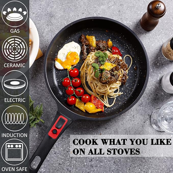 DIIG Nonstick Frying Pan Skillet with Silicone Lid, 11.5 Inch Oven Safe Chef Pan for Cooking Saute Omelet Sauce Pan Cast Aluminum Red Cookware with Stay Cool Handle, Induction All Stoves Compatible