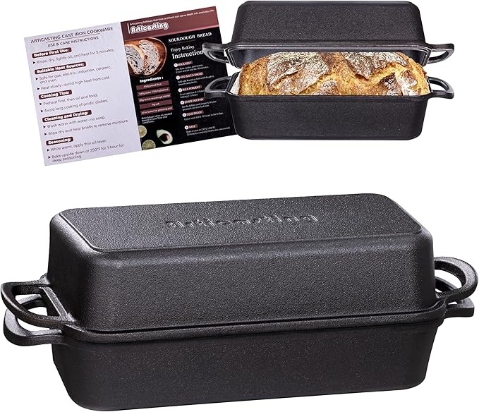 Articasting 11x5 Inch Cast Iron Bread Loaf Pan With Lid，5.8 Qt Large Loaf Pan For Sourdough Bread Baking, Pre-Seasoned Heavy Duty Dutch Oven Bread Pan For a Crispy Crust