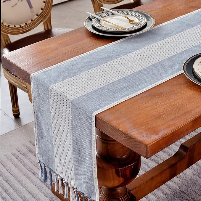 Wracra Linen Table Runner, Farmhouse Macrame Table Runners 48 Inches Long for Dining Table Decor, Wedding, Party and Dresser Decor (Blue,48")