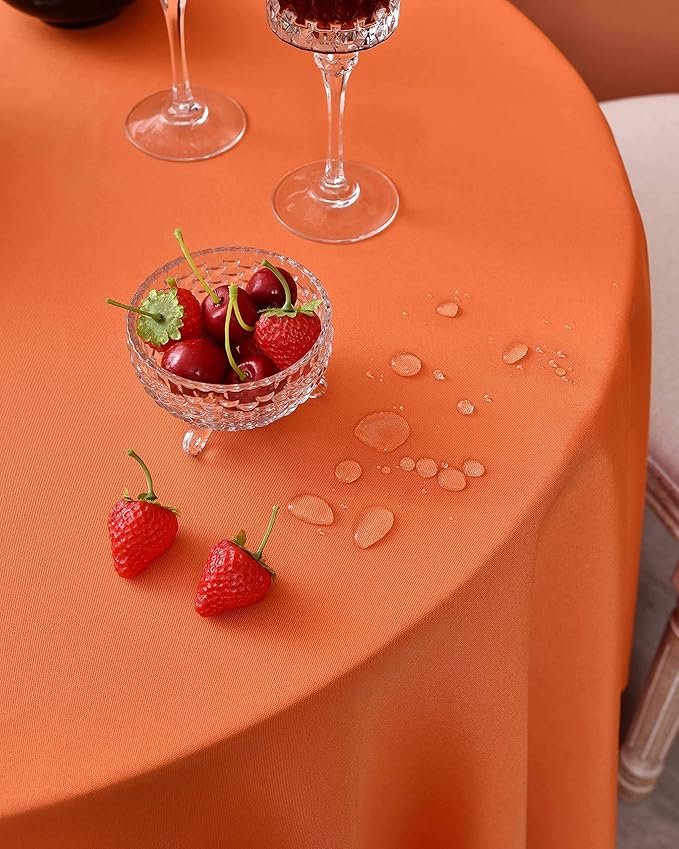MEANMOY Orange 210 GSM Water & Stain Resistant Round Tablecloth for Circle Table - Solid 108 Inch Table Cloth Cover in Wrinkle Free Durable Washable Polyester Fabric for Wedding, Party, Banquet