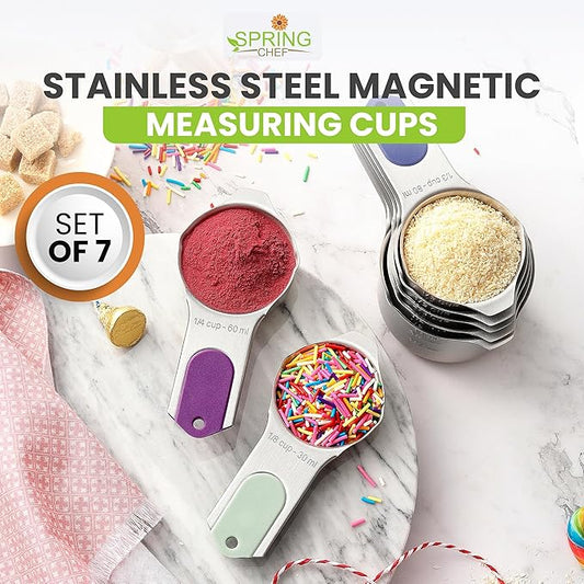 Spring Chef Magnetic Stainless Steel Measuring Cups, Patented, Kitchen Tools with Easy to Read Markings for Measuring Dry or Liquid Ingredients, Set of 7, Winter Frost