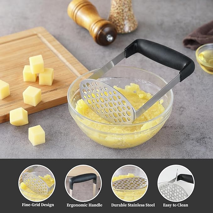 Potato Masher, LCCOWO Stainless Steel Potatoes Masher Kitchen Tool, Mashed Potatos Masher with PP Handle, Great for Potato, Guacamole, Fruits, Avocado, Bean and More, Dishwasher Safe