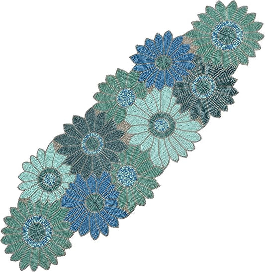 ALPHA Living HOME Bedaed Table Runner- 13x36 Glitz Décor for Farmhouse, Bridal, and Holiday Celebrations Luxury Dining Table Accent, Rustic Chic, Artisan-Made, Modern Floral (Blue)
