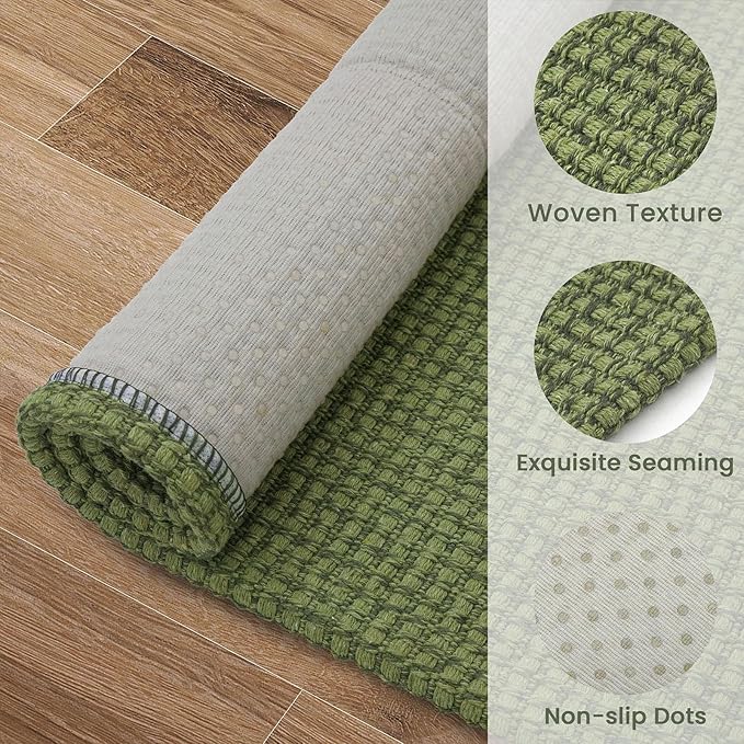 EARTHALL Woven Runner Rug 2x12 Ft Washable Runners for Hallways Extra Long Cotton Non Slip Rubber Backed Kitchen Runner Braided Indoor Floor Carpet for Entryway, Hall, Kitchen, Green