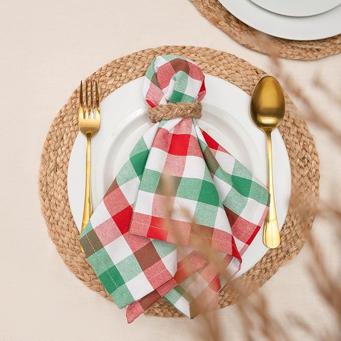 Blue Needles Gingham Buffalo Plaid Cloth Napkins 100% Cotton Set of 12 Dinner Table Christmas Napkins 18x18 inch Soft, Reusable, Washable for Parties & Everyday Use - Christmas White, Red & Green