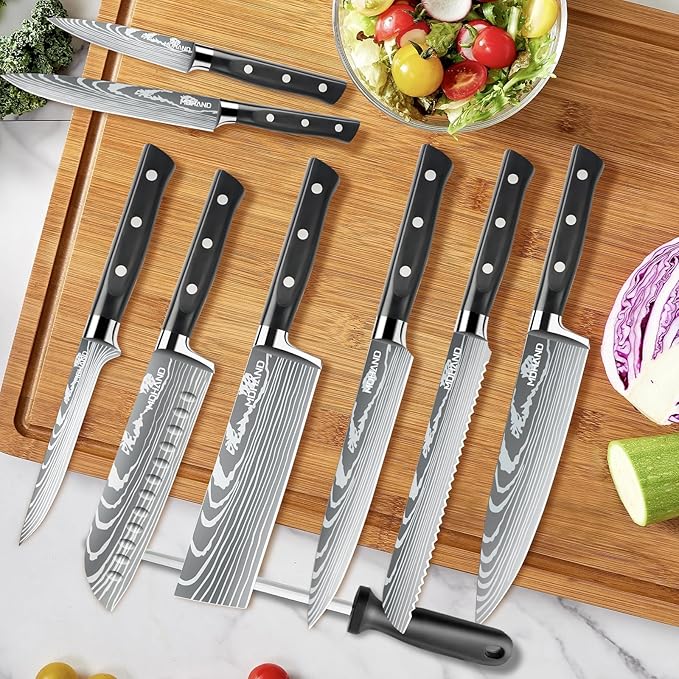 MDHAND Professional Chef Knife Set with Roll Bag, 9PCS Japanese Kitchen Knife Set with Sharpener, High Carbon Stainless Steel Kitchen Knives - Forged Triple Rivet, Dishwasher Safe, Chef Gifts, Black