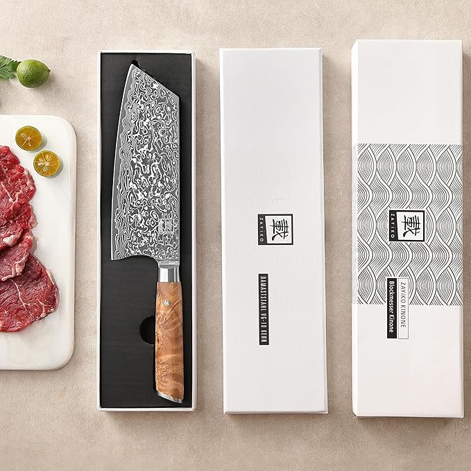 zayiko Kinone Kiritsuke Knife – 7.9-Inch Damascus Chef Knife | 67 Layers Damascus Steel with VG10 Core | Ergonomic Birch Root Wood Handle | Professional Kitchen Knife in Gift Box