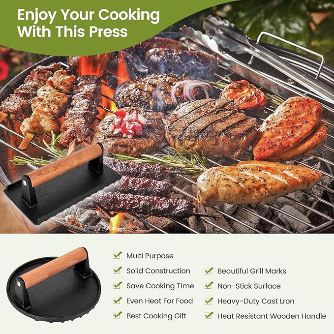 Whaleme Blackstone Burger Press Set - 7" Round Smash Burger Press & 8"x4" Rectangle Cast Iron Grill Press with Wooden Handle - Smasher is Perfect for Blackstone Griddle, Pitboss Weber Griddle Grills