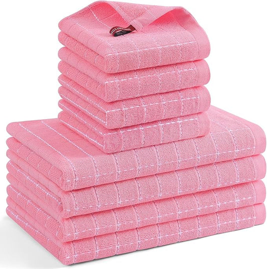 Mordimy 100% Cotton Terrycloth Kitchen Towels and Dishcloths Sets, Soft and Absorbent Checkered Dish Towels, Quick Drying Dish Rags for Washing Dishes, 4 Pack 16" x 26" & 4 Pack 12" x 12", Pink