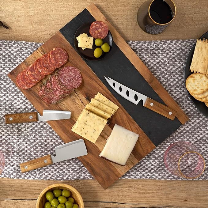 Twine Rustic Farmhouse Wood with Slate Cheese Board and Chalk Set, Acacia Wood and Natural Slate Cutting Board, Soapstone Chalk, 15" by 11", Gourmet Gift Set