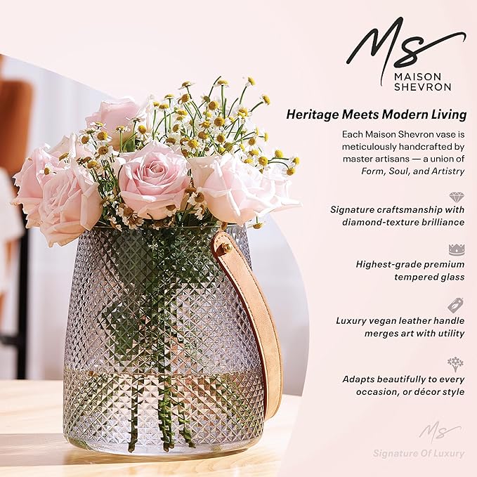 Nordic Handcrafted Glass Flower Vase with Vegan Leather Handle – Diamond Pattern Design – Modern Decorative Centerpiece – Elegant Gift for Weddings, Housewarming, Anniversaries – Stylish Home Décor