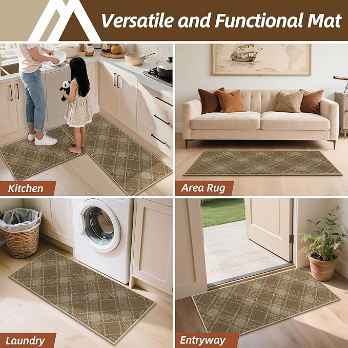 COSY HOMEER Kitchen Rugs and Mats Sets 2PCS Non-Slip Soft Kitchen Mats for Floor Absorbent and Stain Resistant Kitchen Floor Mat Washable Plaid Rugs for Kitchen,24"x36"+24"x60",Taupe