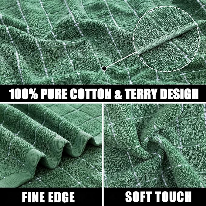 Mordimy 100% Cotton Terry Cloth Kitchen Towels, Super Soft and Absorbent Dish Towels for Drying, Checkered Designed Hand Towels for Kitchen, 16 x 26 Inches, 6 Pack, Grass Green