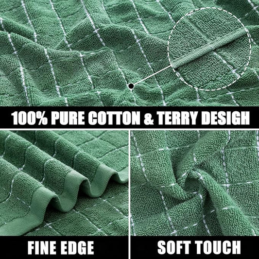 Mordimy 100% Cotton Terry Cloth Dish Cloths, Soft and Absorbent Checkered Dish Towels, Quick Drying Dish Rags for Washing Dishes, 12 Pack, 12 x 12 Inches, Grass Green