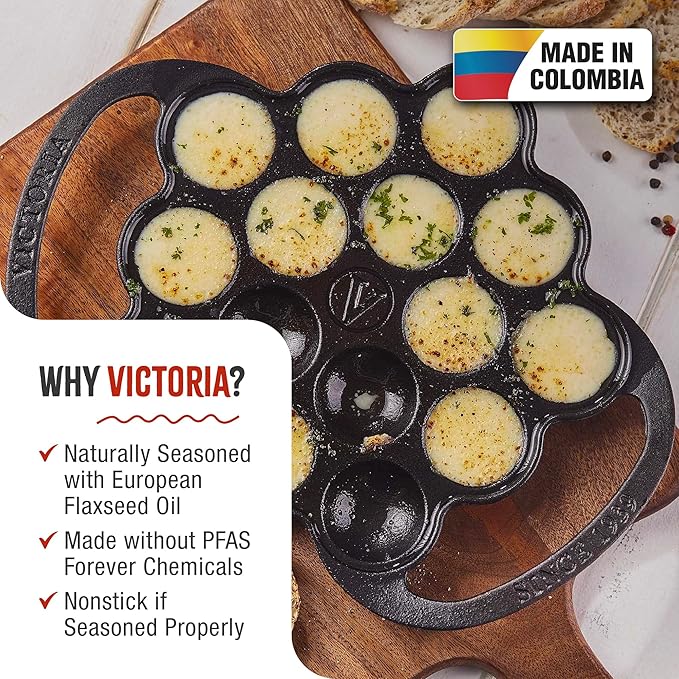 Victoria Cast Iron Poffertjes Dutch Pancake Pan with Loop Handles, Preseasoned with Flaxseed Oil, Made in Colombia