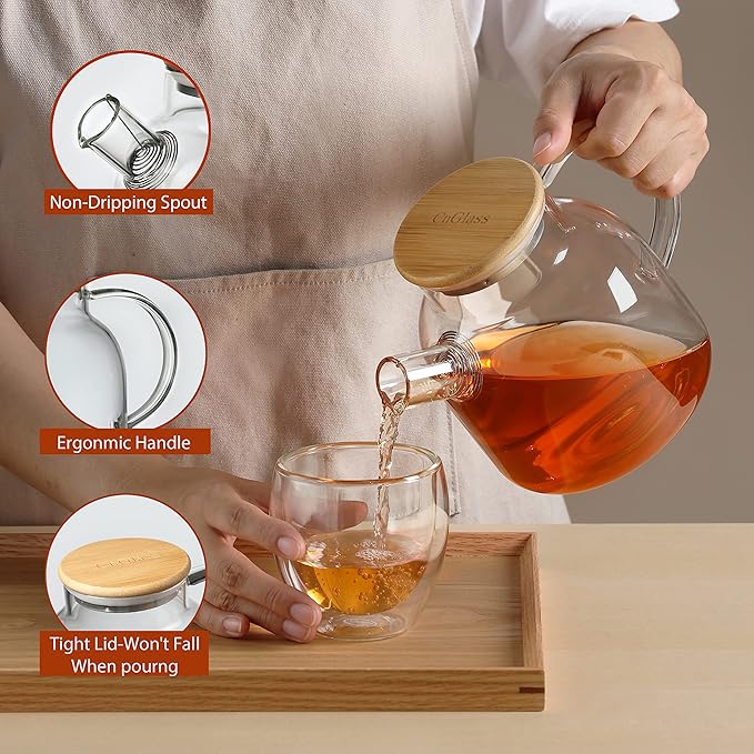 CnGlass Glass Teapot Stovetop Safe,40.6oz Clear Tea pot with Removable Filter Spout,Loose Leaf and Blooming Tea Maker