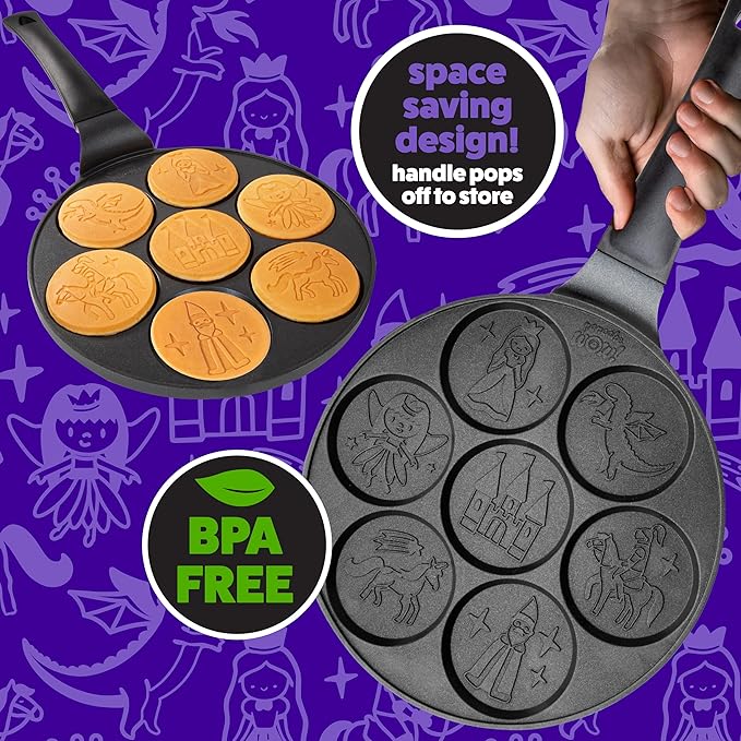 CucinaPro Fantasy Friends Mini Pancake Pan - Nonstick Griddle w Long Handle for Breakfast Magic, Featuring a Princess Castle & More, 7 Unique Flapjacks- Kitchen Baker- Girls Easter Basket Stuffer Gift