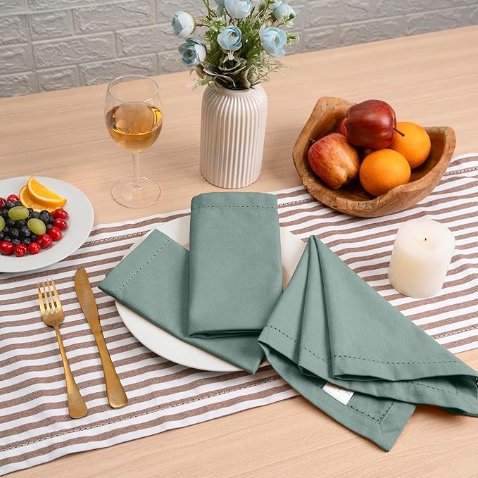 Blue Needles Set of 12 Hemstitch Linen Napkins 100% Cotton Hunter Green Cloth Dinner Napkins 18x18 inches, Soft, Reusable Absorbent Washable, Ideal for Wedding Events, Parties & Everyday Use
