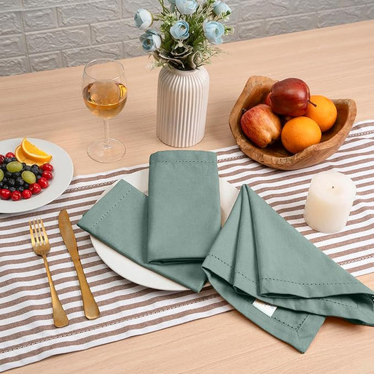 Blue Needles Set of 12 Hemstitch Linen Napkins 100% Cotton Hunter Green Cloth Dinner Napkins 18x18 inches, Soft, Reusable Absorbent Washable, Ideal for Wedding Events, Parties & Everyday Use