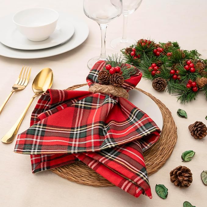 Blue Needles Buffalo Plaid Christmas Napkins - 100% Cotton Set of 12 Gingham Cloth Napkins 18x18 inches - Soft, Reusable & Washable, Ideal for Valentine's Parties & Everyday Use - Christmas Multi Red