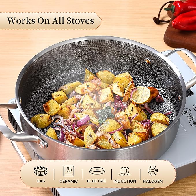 LOLYKITCH 7 QT Tri-Ply Stainless Steel Non Stick Sauté Pan with Lid,12 Inch Deep Frying Pan,Large Skillet,Jumbo Cooker,Induction Compatible,Heavy Duty and Oven Safe.