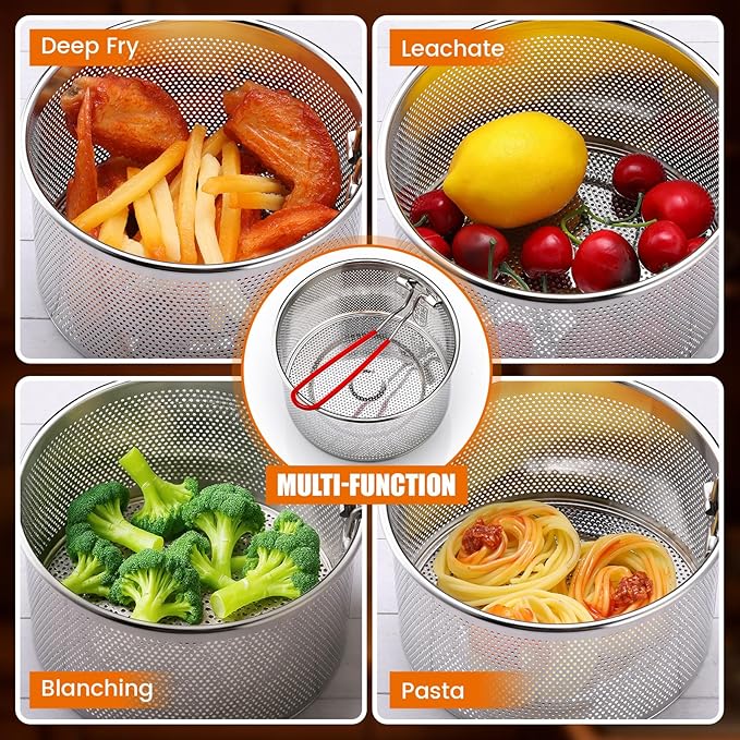 Patelai 3 Pcs Pasta Strainer 5.5" 6.3" 7.1" Metal Noodle Strainer with Long Removable Handle 304 Stainless Steel Deep Fryer Basket Pasta Noodle Basket Kitchen Colander for Washing Frying Boiling