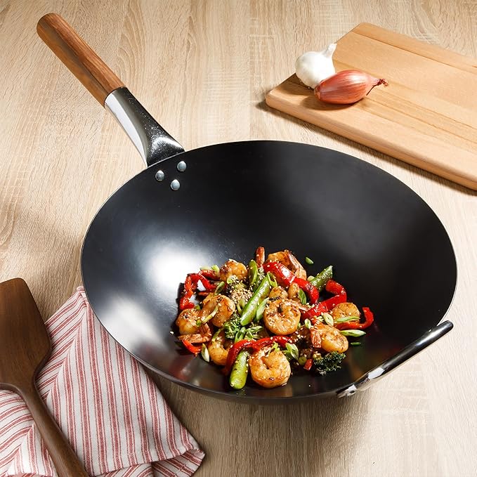 SUR LA TABLE Kitchen Essentials Quick Fire 13.5" Carbon Steel Flat Bottom Wok – Durable Nonstick Stir Fry Pan