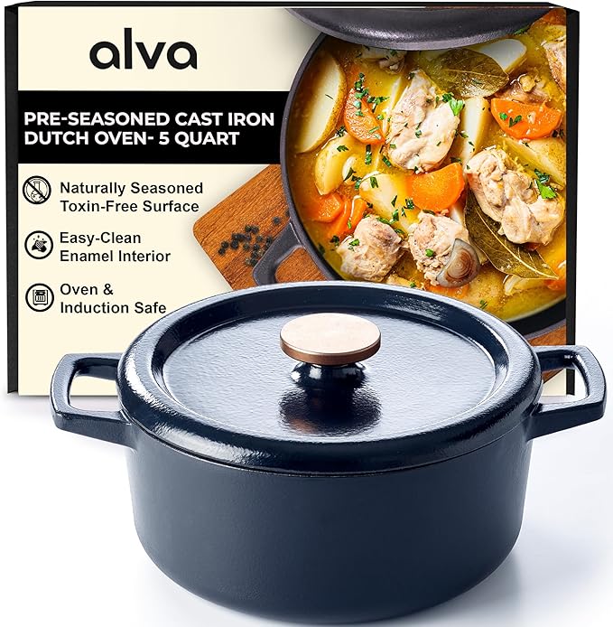 Alva Nori 5-Qt Enameled Cast Iron Round Dutch Oven – Made With No PTFE/PFOA/PFAS, Oven & Induction Safe – 3-Layer Enamel, No Seasoning Needed – Durable, Easy-Clean Cookware for Healthy Cooking, Black