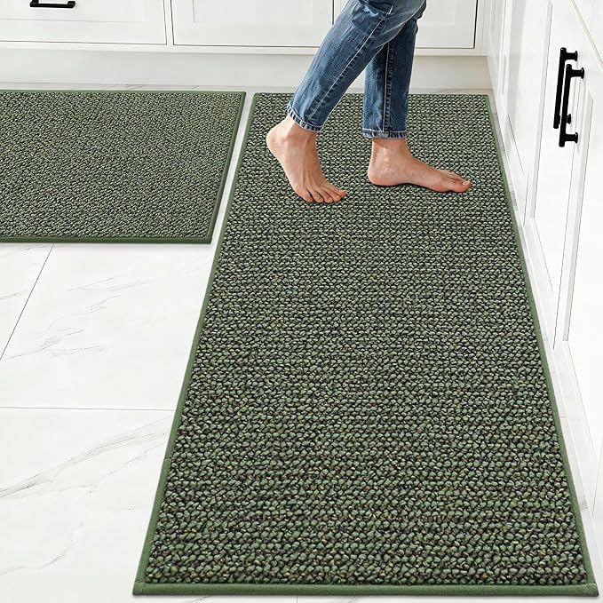 JSEI Kitchen Rugs and Mats, 2PCS Non-Slip Kitchen Mats for Floor, Machine Washable Absorbent and Stain Resistant Kitchen Runner, Carpet Mats with TPR Backing for, 24''x36''+24''x6'0', Green