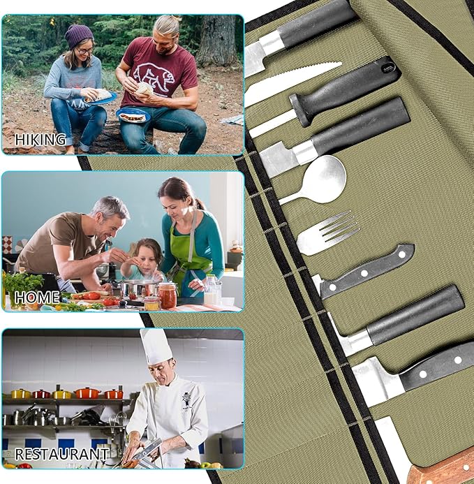 EHRGK Knife Roll,Heavy Duty Knife Bag,Oxford Knife Case with 20 Slots for Knives & Kitchen Tools,Chef Knife Bag,Knife Roll Bag, Knife Pouch Wrap for Chefs Culinary Traveling (Army Green)
