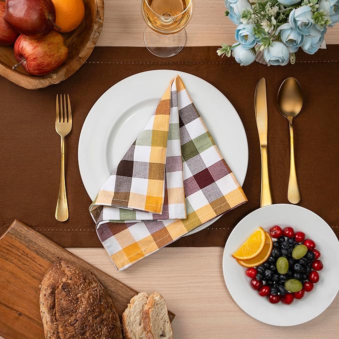Blue Needles Buffalo Plaid Cloth Napkins - 100% Cotton Set of 12 Harvest Gingham Napkins 18x18 inches - Soft, Reusable, Washable, Ideal for Wedding Parties & Everyday Use - Harvest Checks