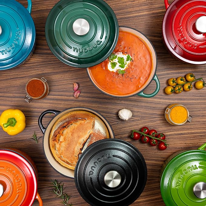 Shallow Cast Iron Casserole with Lid – Non Stick Dutch Oven Pot, Oven Safe up to 500° F – Sturdy Ovenproof Stockpot Cookware – Enamelled Cooking Pot – Dark Green, 5-Quart, 32cm – by Nuovva