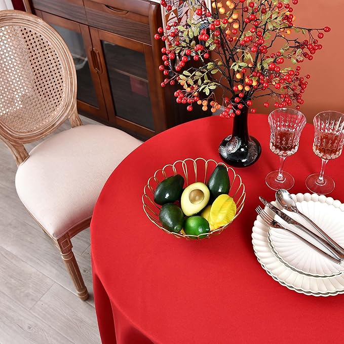 MEANMOY Red 210 GSM Water & Stain Resistant Round Tablecloth for Circle Table - Solid 90 Inch Table Cloth Cover in Wrinkle Free Durable Washable Polyester Fabric for Wedding, Party, Banquet