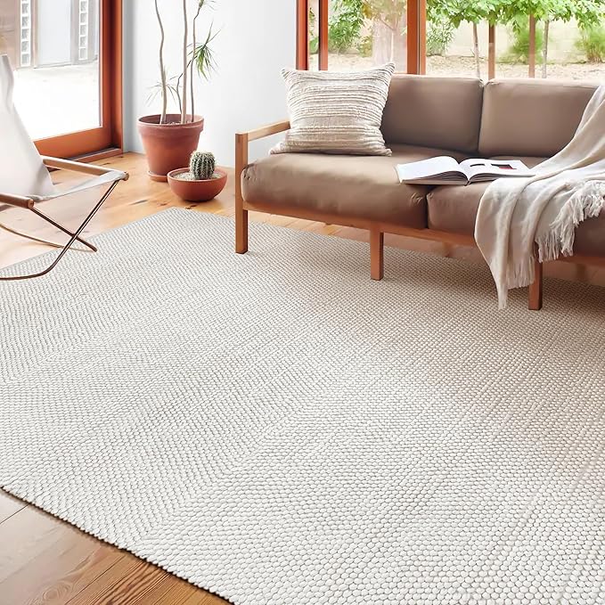 Savi Home Handwoven Wool Cotton Blend Area Rug 5x8', Textured Popcorn Braided Ivory Rug, Soft Thick Farmhouse Contemporary Living Room Carpet, Neutral Modern Decorative Floor Rug