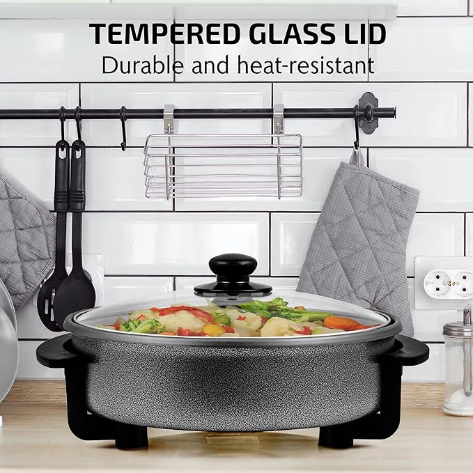 OVENTE 12 Inch Electric Skillet and Frying Pan with Nonstick Coating, 1400W Power, Adjustable Temperature Control, Tempered Glass Lid with Vent and Cool Touch Handles, Black SK11112B