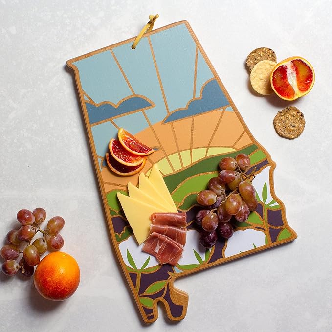 Totally Bamboo Alabama State Shaped Cutting Board and Charcuterie Serving Platter with Artwork by Summer Stokes, Includes Hang Tie for Wall Display 10" x 15-3/4" x 5/8"