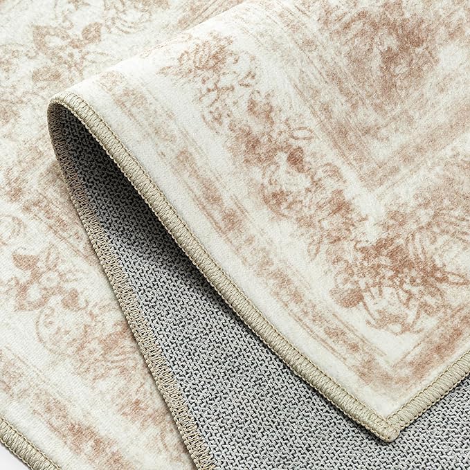 Runner Rug 2x12 Cream Hallway Washable Beige Carpet Non Slip Vintage Medallion Beige Carpet Low Pile Soft Distressed Retro Indoor Long Rug for Entryway Kitchen Bathroom Laundry Bedroom