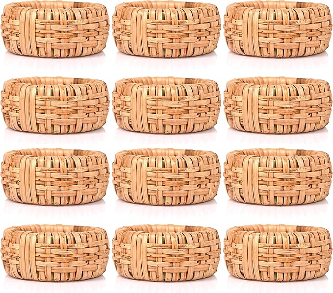 ALPHA Living HOME Natural Rattan Napkin Rings Set of 12 - Handcrafted Cane Serviette Holders for Table Decor, Weddings, Parties, Dinners, Rustic Boho Style Napkin Rings Set (Brown)