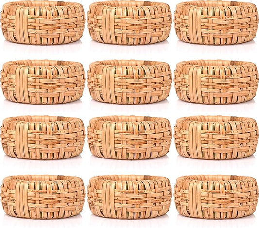 ALPHA Living HOME Natural Rattan Napkin Rings Set of 12 - Handcrafted Cane Serviette Holders for Table Decor, Weddings, Parties, Dinners, Rustic Boho Style Napkin Rings Set (Brown)