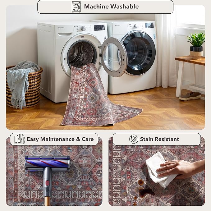 Kuden 4x6 Area Rug, Machine Washable Area Rug with Non-Slip Backing, Vintage Style, Soft, Easy Clean, Low Pile Rug for Living Room, Bedroom, Dining Room